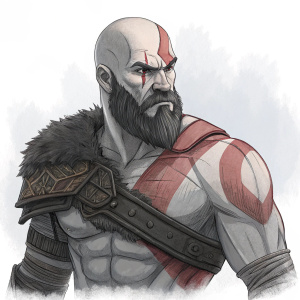 Digital sketch of Kratos from God of War. Muscular build, stern look. White background. Character in intense pose.