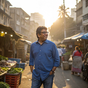 Raj Thackeray, Indian politician, in a casual setting. Wearing a blue shirt and jeans. Background is a busy street market in Mumbai, India. Bright sun.