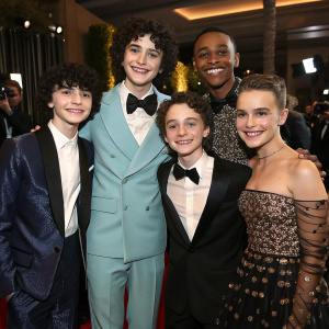 Celebrity group shot of Finn Wolfhard, Jack Dylan Grazer, Wyatt Oleff, Jaeden Lieberher, Jeremy Ray Taylor, Chosen Jacobs, Sophia Lillis, all smiling at a glamorous Hollywood awards night.