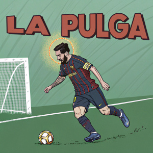 Illustration of Lionel Messi with 'La Pulga' text. Bold lines and halo effect. Stylized soccer scene