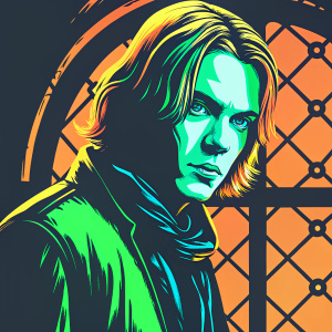 Jamie Campbell Bower, as the young Gellert Grindelwald, in an intricate digital portrait. He has fair skin and blonde shoulder-length hair. His serious expression is highlighted by detailed lighting and shadow effects. The background features a warm, rich brown color with intricate patterns.