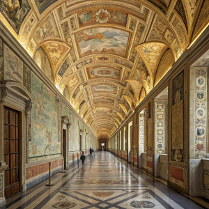 The Galleria delle Carte Geografiche, an impressive hallway in the Vatican Museums. Ornate ceiling and walls adorned with detailed maps and murals.