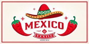 Создай фото этикетки для сыра с перчиком под названием "MEXICO". На этикетке изобрази яркий красный перец чили и мексиканскую шляпу сомбреро. Основные цвета: красный, зеленый и белый. Текст "MEXICO" сделай крупным и стильным, с элементами мексиканского орнамента. Убери лишние детали для минималистичного вида. В правом нижнем углу размести текст "ПИКАНТНЫЙ ВКУС".
