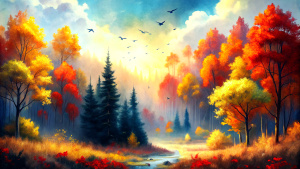 A clearing in the middle of a dense autumn forest - dark red, gold, crimson. Clear, cloudless azure sky. Yellow birches. Dark green spruce. Maples. Oak trees. Pines. Shrubs. Kick it. The dark brown ground is half covered with yellow and red leaves. A flock of starlings is flying in the sky. Yellow sunlight covers everything.