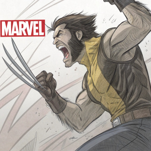 Wolverine, feral and intense, depicted in a rough sketch style. Claws extended, mouth open in a primal scream. Set against the backdrop of the Marvel Now! logo