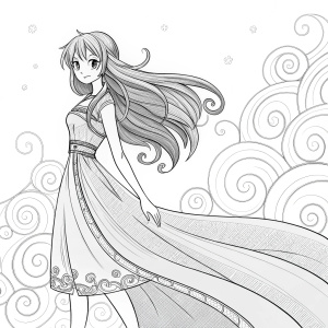 Line-art illustration of a female anime character. Long hair, confident stance, dress with flowing train. Background filled with swirling patterns.