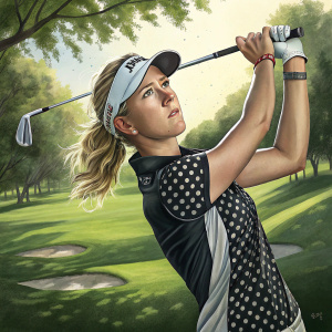 Jessica Korda, professional golfer, in the middle of a swing. Intense gaze, wearing a black and white polka-dot golf shirt. The green of the golf course stretches into the distance, with sunlight filtering through the trees