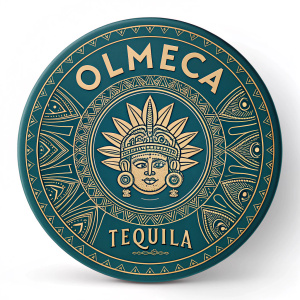 Illustration of Olmeca Tequila's brand logo. Circular design featuring an Aztec deity. Dark teal background with intricate golden patterns. Brand name in stylized text. Mesoamerican art influence.