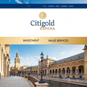 Website screenshot showcasing Citigold España. Elegant design, blue, gold, and white color palette. Navigation bar, header, and detailed service descriptions for investment and value services.