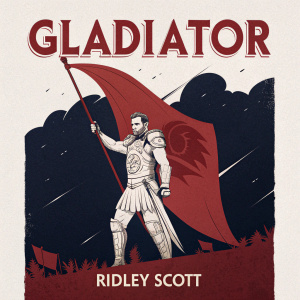 Movie poster for 'Gladiator'. Directed by Ridley Scott. Dark background with white and red color scheme, contrasting typography