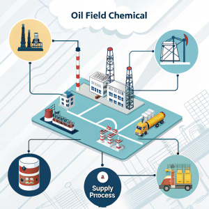 A detailed infographic illustrating the oil field chemical supply process. Created by a German company specializing in the oil field industry. The design is modern and informative, showcasing the workflow from chemical production to supply stages.