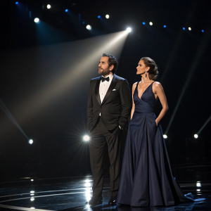 Demian Bichir and Lisset Gutierrez at an award show. Dark stage with spotlights. Demian in tux, Lisset in elegant navy gown.