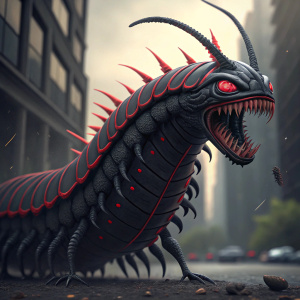 Digital illustration of a menacing 3D Elder Centipede monster from the One Punch Man series. The creature is predominantly black with striking red accents. Fierce expression with a wide-open mouth full of sharp teeth. Highly detailed and blurred background