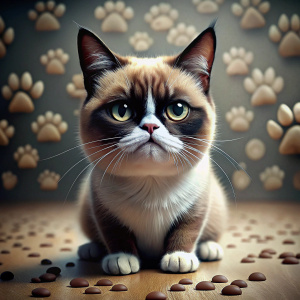 smiling grumpy cat with big eyes,a lot of paw print around