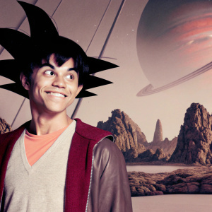 Close-up of Goku,Dragon Ball Z, smiling confidently. Alien planet landscape, surreal colors and rocky terrain
