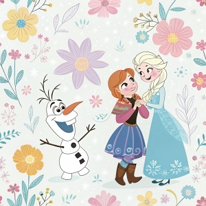 Wallpaper featuring Disney's Frozen characters. Anna, Elsa, and Olaf, set against a bright floral background with pastel colors.