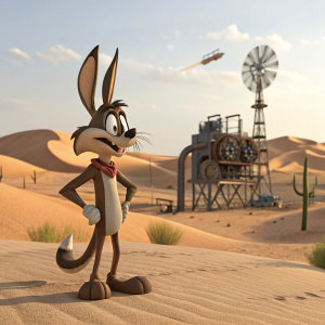 A digital 3D model of Wile E. Coyote from Looney Tunes, standing in a desert landscape with a Rube Goldberg machine in the background.