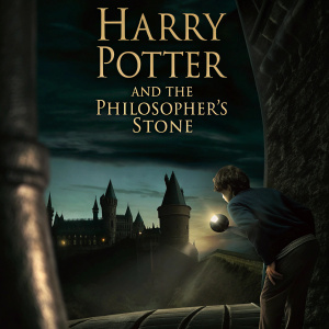 Book cover art for 'Harry Potter and the Philosopher's Stone'. Depicts Harry Potter holding a mysterious stone, against a backdrop of Hogwarts castle.
