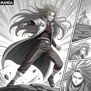 Manga panel featuring a character with long hair in a dramatic pose. The scene is divided into four smaller panels, each showing different stages of action and emotion. The style is highly detailed with intricate lines and shading to emphasize movement. Japanese text bubbles add dialogue.