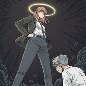 Makima from Chainsaw Man, in a dynamic pose. She stands with a halo-like aura, towering over a submissive male character. Background is dark, with intricate line art detailing in loose, expressive manga style