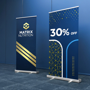 Digital ad featuring Matrix Nutrition banners. Offers include 30% off and creatine tablets. Dark blue background.