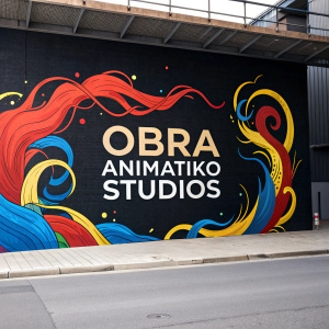 Obra Animatiko Studios logo displayed prominently. Abstract art piece featuring fluid motion design in primary colors.