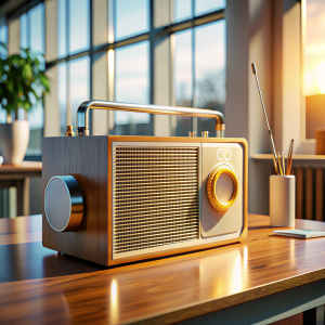 radio designed by Dieter Rams. industrial design inspiration. Unreal engine render 8k, beautiful natural lighting, on desk