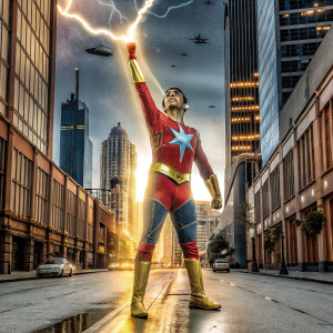 Captain Marvel Jr., in a dynamic superhero pose, standing on a futuristic cityscape backdrop.