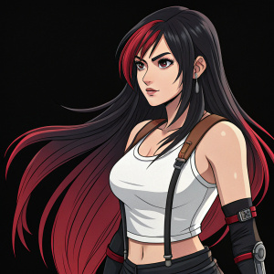 Digital illustration of a character inspired by Tifa Lockheart. Anime-style art, featuring long dark hair with red highlights. Wears a white tank top and a dark skirt with combat gloves. Set against a stark black background, her determined expression stands out.