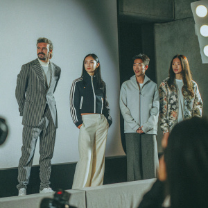 David Beckham, Angelababy, Kiko Mizuhara, and Adrianne Ho attend an Adidas event. Black background