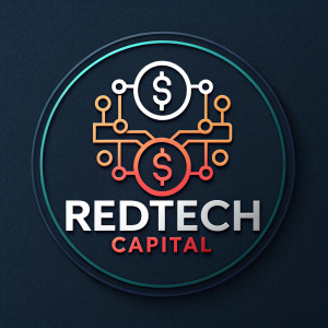 Logo for RedTech Capital. Modern, sleek design. Icon features currency symbols. Dark background.