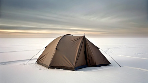 a tent in gray-brown tones stands in a winter landscape at the north pole. this tent is on the left side of the picture and takes up a small part of the picture. the rest of the picture is a landscape at the north pole