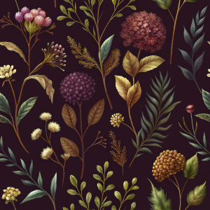 DARK BROWN  background botanic  , watercolor VINTAGE 
 image with dark brown   background , brown  VIBURNUM,BRASSICA,DAUCUS ,snapdragon,ERYNGIUM, achillea   ,SCABIOSA, LATHYRUS,  achillea , watercolor, dark brown  background FOR WRAPPING PAPER VINTAGE 