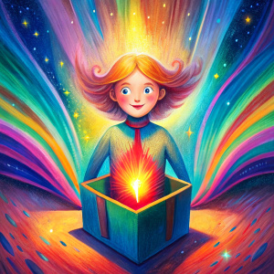 persona que sale de una caja de regalo transformación espiritualidad colores arte