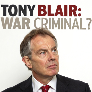 Tony Blair, former UK Prime Minister, in a mugshot style photo. The image is set against a plain white background with bold text reading 'Tony Blair: War Criminal?' above the photo.