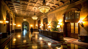 Recepción del Hotel Cecil de los Ángeles, con una sombra misteriosa en medio de la oscuridad 