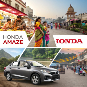 Dynamic collage advertisement for Honda Amaze. Featuring various vibrant scenes of Indian life and culture. Text highlights Honda Amaze's presence in India.