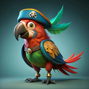 pirate parrot in a pirate hat with a skeleton icon , ((full-length)), black hat, game character, ((digital art)), smooth running, clear focus, illustration, solid background