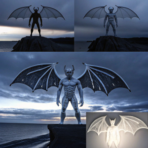 Digital art of a devil-like figure inspired by Devilman Crybaby. Depicting the creature from various angles, showcasing intricate details such as wing structure and musculature. Dark shadows contrasted with white highlights, combined with illustrations and photographs to provide a comprehensive view of the creature's anatomy.