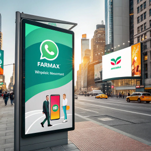Digital advertisement showcasing WhatsApp and BBM integration for Farmax pharmacy. Vibrant colors, modern design, displayed in a bustling cityscape.