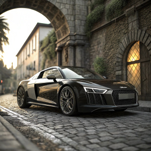 Sleek black Audi R8 V10 plus luxury sports car parked on cobblestone street. Stone archway structure in the background. Softly blurred to highlight car's design and lighting.