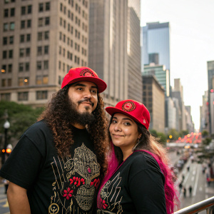 Alonso Carrillo and Fernanda Kanno, both wearing vibrant red caps and black t-shirts adorned with intricate designs, posing in front of a bustling cityscape. Alonso sports a long, curly beard while Fernanda has striking pink streaks in her hair.