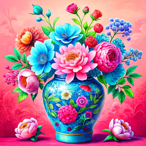 a blue Chineese traditional motiffs decorated Vase on a white wall, THERE ARE IN THE VASE : watercolor tomato red Peonies,burgundy PEONIES , ruspberry Bougainvillea, dandelion ,geranium,LIME Narcissus, ruby crocus,navy blue daffodil ,orange roses ,amaranth Damarion s, red tulips ,deep carrot freesia ,sienna orange lavender Common Crape Myrtle ,Watsonia ,tritoma.carmine Chandramallika, burgundy PEA, burgundy ,SISYMBRIUM,YELLOW CHAMOMILE,KNAPWEED,candy floss pink wax flower , teracotta bluebell fl