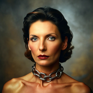 40 yo attractive brunette slave wearing solid metal collar and chain