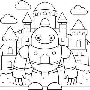 Black and white outline art for cute children's coloring book pages, "Golem protecting an ancient city", children's style, white background, whole body, full body ((white background)), only outlines used, cartoon style, thick lines, coloring book, clean lines