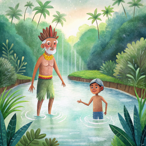 un niño indigena con pelo color negro y su abuelo indigena se muestran alejandose de un lago mistico en medio de la selva amzonica que represente la bondad y el amor muy a gusto y celebrando lo aprendido 