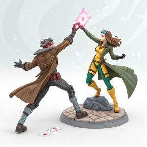 Figurines of Gambit and Rogue from X-Men series. They are in dynamic action poses. Background is a light, minimalist design.