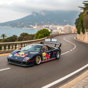 A sleek black Ferrari F40 sponsored by Red Bull, racing through the winding roads of Monte Carlo Grand Prix. The car is adorned with vibrant red and blue decals and the famous Red Bull logo. The scenic background features the iconic Casino de Monte Carlo.