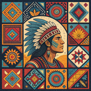 A dynamic mosaic of Incan art. Various images, each with distinct patterns, set in a grid. Predominantly uses blue, red, yellow, and geometric shapes.