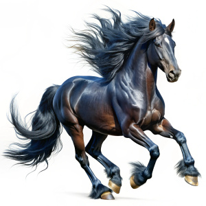 CABALLO FRISON AL GALOPE HIPER DETALLADO, COLOR NEGRO CON LA CRIN MUY LARGA SIN FONDO